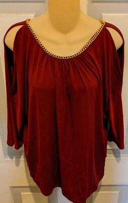 Carmen Marc Valvo Red w/Gold Chain Accent Cold Shoulder Size Large - Image 1 of 3