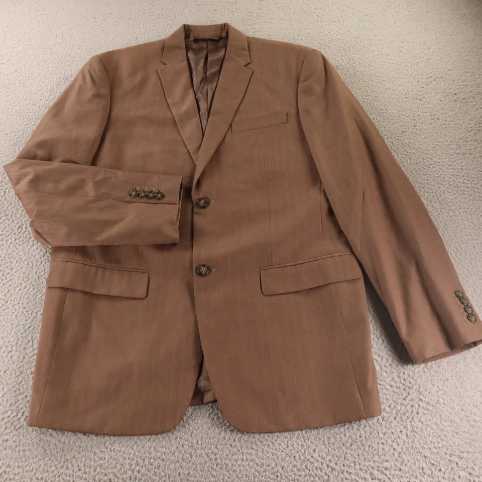 Perry Ellis Jacket L Brown Herringbone Self Stripe Polyester Blazer 44R - Image 1 of 4