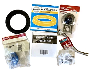 Toilet Repair Supply Lot of 7: Supply Line, Bolt Caps, 2 Flappers, 3 Wax Rings - Picture 1 of 6