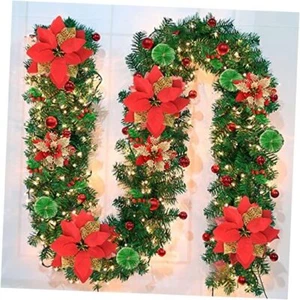 Pre-lit Artificial Christmas Garland, Green Rattan with Red Flower Decorations - Picture 1 of 7