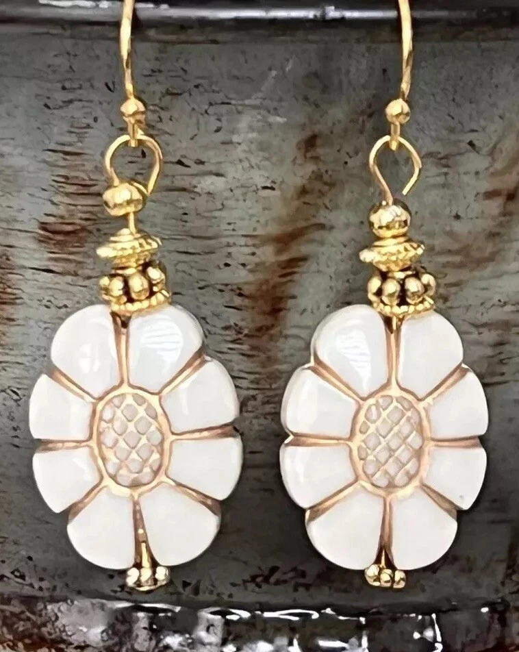 Etched Creamy White and Gold Flower Bead Earrings. Light Weight, Fun To Wear. - Image 1 of 1