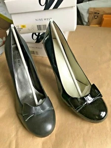 Nine West AUDREY Round Toe Bow 3" Pump BLACK PATENT or LEATHER 12M - Picture 1 of 6