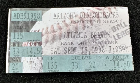 1998 September 19 Arizona Diamondbacks Inaugural Season  vs Braves Ticket Stub Cover