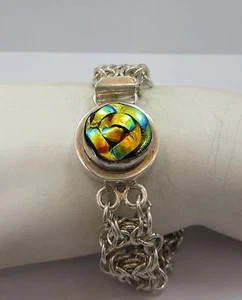 Sterling SILBER Mehrfarbig Blume Verschluss Damen Kette Glieder Armband 925 7,5 Zoll - Bild 1 von 4