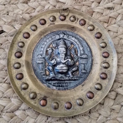 Antique Old Hand Made God Ganesh Brass & Silver Wall Hanging Tray Plate 4" - Image 1 of 4