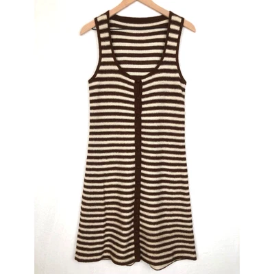 WOOL Tank Midi Dress Sz S/M Brown Ivory Striped Covered Buttons Reversed Knit - Image 1 of 4