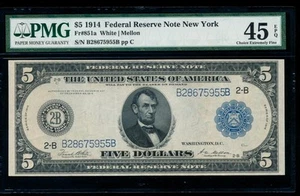 AC Fr 851a 1914 $5 New York FRN PMG 45 EPQ - Picture 1 of 2