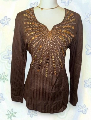 VTG 90s Carrie Allen Sz XL Brown Long Sleeve Light Pleated Blouse Sequins EUC - Image 1 of 4