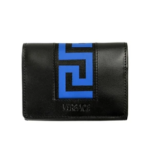 Versace Black & Blue Greeca Logo 100% Leather Card Case Wallet - Bild 1 von 5