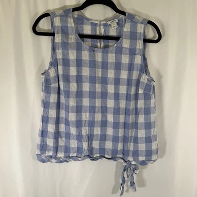 J. Camiseta sin mangas Crew para mujer 10 azul blanco a cuadros lino algodón azul lazo inferior Foto 1 de 4