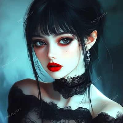 * OFERTA * 8X8 Foto Arte Impresión Bonita Chica Gótica con Labios Rojos Obra de Arte Fantasía Oscura Foto 1 de 2