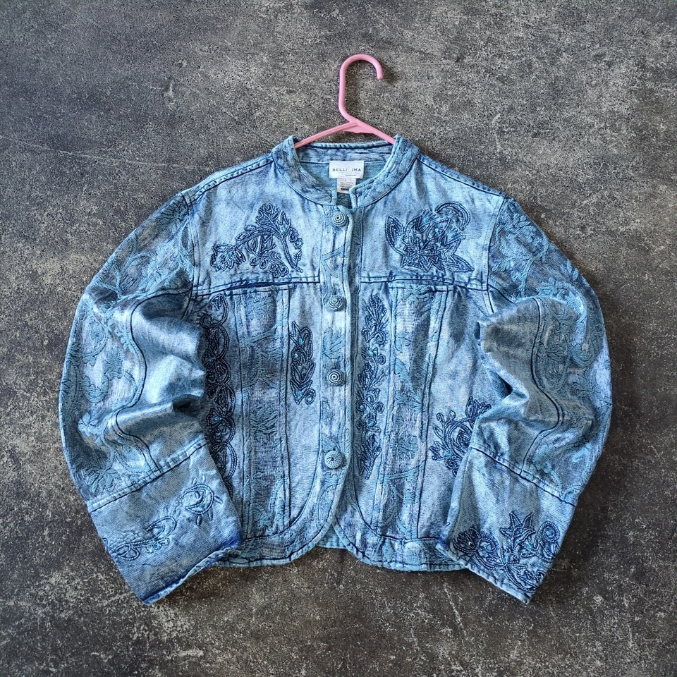 Chaqueta Blazer Bellissima Vintage Mujer L Azul Floral Rayón Bordado Abrigo Foto 1 de 4