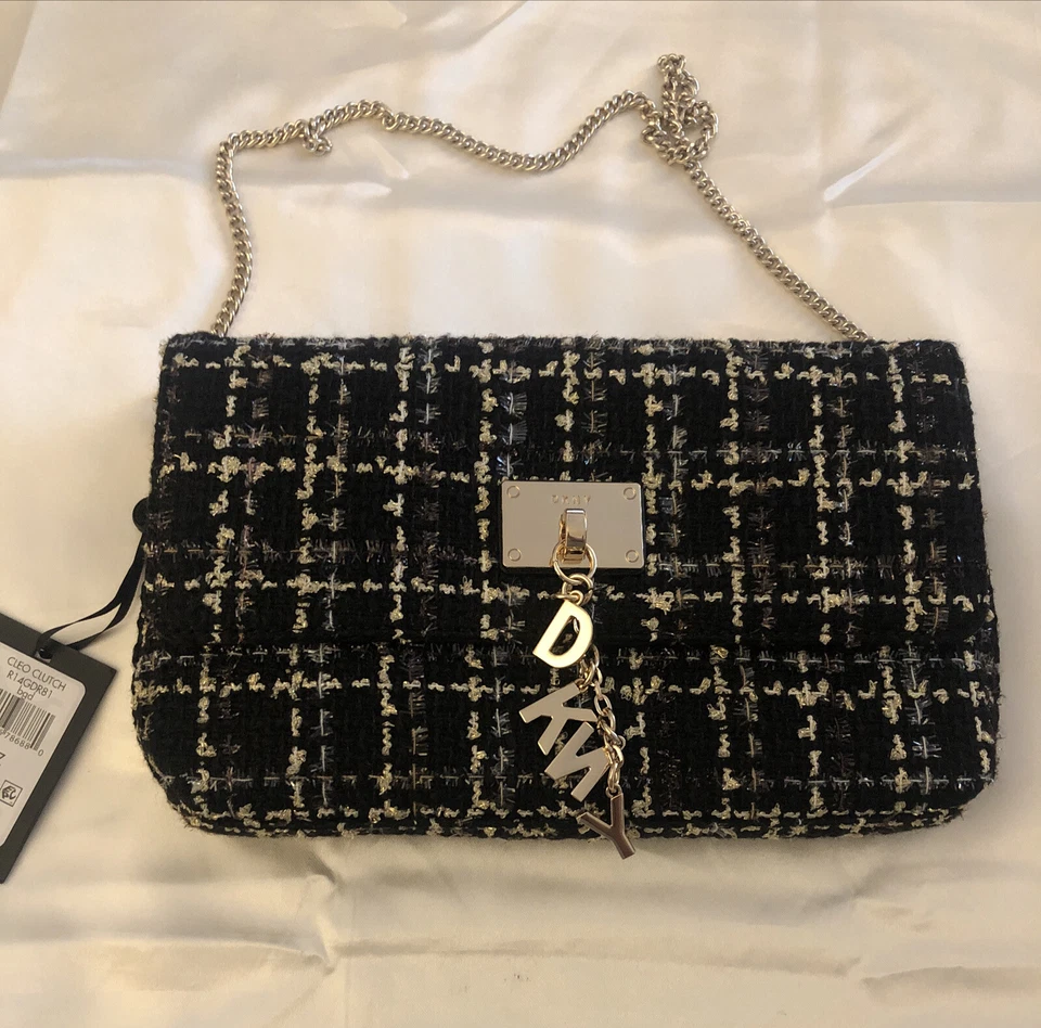 DKNY Cleo Clutch Bag Black/Metallic Chain Shoulder Handbag Purse Woven