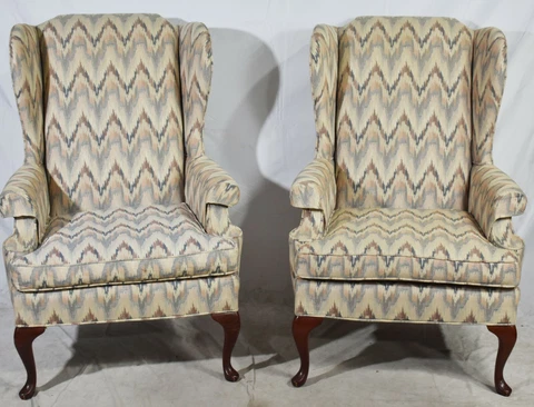 Pair of Designer Gray & Blue Flame Stitch Upholstered Mahogany Wing Chairs Cover