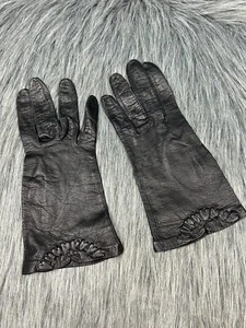 Gants Aris Paris Black Leather Gloves France Childrens Size 7 Vintage Hearts - Picture 1 of 12