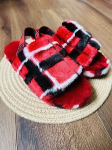UGG Fluff Yeah Slide Backstrap Slippers Womens Size 8 Plaid Punk Red 1130879 - Picture 1 of 6