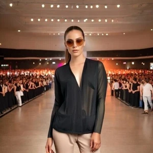 AKRIS Punto Women's Black Pleated Lace Back Long Sleeve Blouse Button Front Top - Imagen 1 de 15