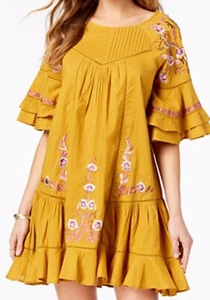 Free People Kleid Medium Pavlo Baumwolle bestickt gelb Boho Rüschen Mini  - Bild 1 von 16