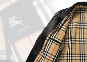 ORIGINAL BURBERRY MEN'S BLACK LEATHER BLAZER JACKET COAT 38 PLAID CHECK VTG - Picture 1 of 15