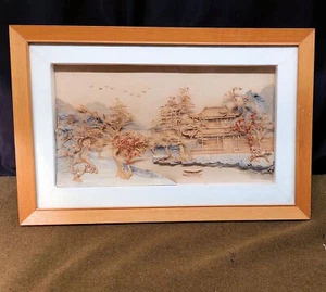 Asian Style Pagoda Diorama Framed Under Glass Very Fine Bamboo Details 17½" Wide - Picture 1 of 7