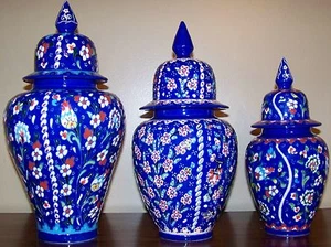 Juego de urnas frasco de cerámica azul 14"" 12"" y 10"" turco hecho a mano patrón Iznik - Imagen 1 de 12