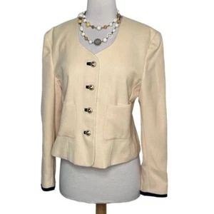 Kasper A.S.L. Pale yellow + blue trim vintage 4-button long sleeve blazer Size 8 - Picture 1 of 10