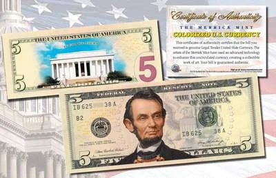 *MUST SEE* Genuine Legal Tender COLORIZED 2-Sided $5 Five-Dollar U.S. Bill - Image 1 of 2