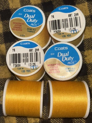 6 Lot New J&P Coats Dual Duty Thread #74 Goldenrod Sews All Fabrics 135 Yd Ea - Image 1 of 4