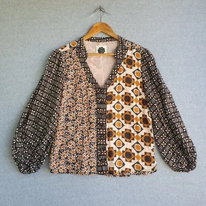 Boom Shankar Blouse Womens Sz 8 Black Orange Geometric Boho Travel Coastal - Picture 1 of 10