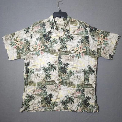 Go Barefoot 1957 Shirt Mens XXL Rayon Hawaiian Palm Trees Canoe Volcanos - Image 1 of 4