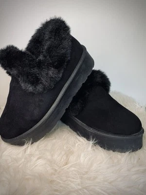 Rouge Helium Wmns Black Faux? Suede Fur Slip On Chunky Platform Loafer Bootie 9 - Image 1 of 4