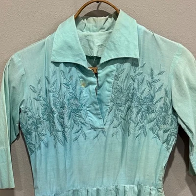 Womens Vintage 50s Floral Embroidered Aqua Blue Cotton Pleated Shirtwaist Dress - Image 1 of 4
