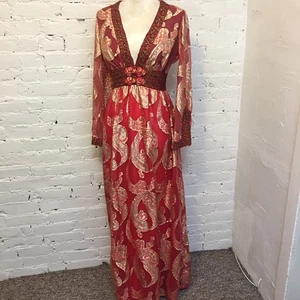 Vintage 60er rot metallic bestickt Paisley Hostess Kleid Maxi Gr. Small - Bild 1 von 11