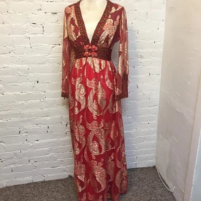 Vintage 60s red metallic embroidered paisley hostess dress maxi size small - Image 1 of 4