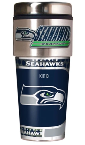 Seattle Seahawks Coffee Mug Travel Tumbler Cup NFL Metallic Logo w/ Emblem Cover