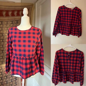 Red Buffalo Plaid cotton Peplum Top relaxed fit Size XS Western Farm - Picture 1 of 12