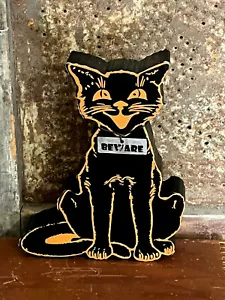 Nero HALLOWEEN Gatto ATTENZIONE Grossa Scaffale Sitter Statuetta Rustica Primitiva Retro - Foto 1 di 5