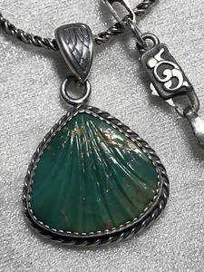 Sterling Anhänger natürlicher Nevada Türkis geschnitzte Muschel 16,5" Kette - Bild 1 von 3