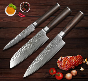 3Pcs Kitchen Knife Set 67 Layers Damascus Steel Chef Cleaver Utility Santoku Cut