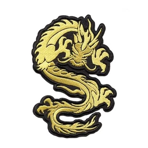 Gold Dragon Embroidered Iron-On Patch Large Mythical Animal Applique - Picture 1 of 2