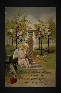 Vintage 1912 Valentine's Day Postcard Cherub is Waiting in a Garden No.V-4
