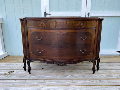 Antique Mixed Wood French Dresser Walnut Rosewood Mahogany with Inlaid Florals Cover