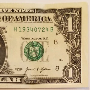 Birthday July 24, 1934 Turned Digit Over Ink One Dollar Bill Fancy Serial 2021 H - Picture 1 of 4