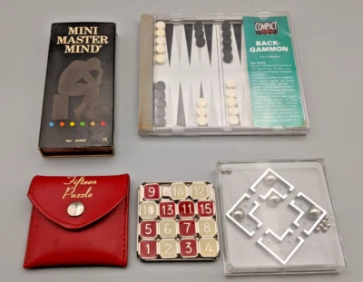4 Vintage Travel Games Mini Master Mind, Backgammon, Fifteen Puzzle, Crazy Maze - Image 1 of 4
