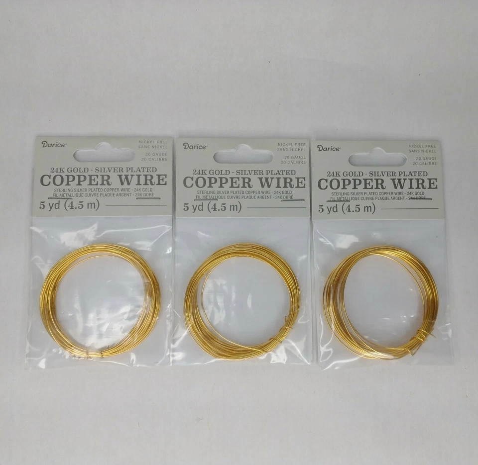 3x Copper Wire 20 Gauge Silver Plated 24k Gold Color 5 Yards (4.5 m) Darice