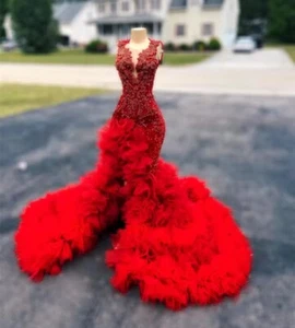 Stunning Handmade Red Beaded Evening Gown Party Xmas Birthday Dress RRP £1000 - Picture 1 of 6