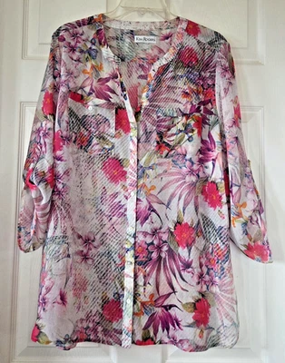 KIM ROGERS Women's Multicolor Floral Sheer Blouse Long Roll Tab Sleeves Size ? - Image 1 of 4