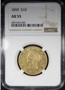 1859 $10 Gold Liberty Eagle NGC AU55 Low Mintage Low Survival Estimate - Picture 1 of 5