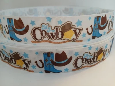 Grosgrain Ribbon My Cowboy Western Baby Shower Boots Hats Horse Shoes Stars 1" - Image 1 of 2