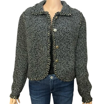 Chaqueta Cárdigan Zara Dama Pequeña Rayas Gris Multi Dorado Botón Preppy Clásico Foto 1 de 4